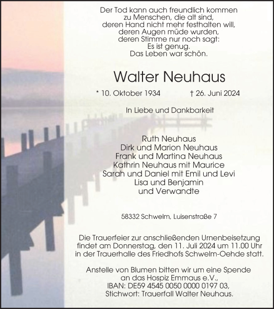 Traueranzeige von Walter Neuhaus von Tageszeitung
