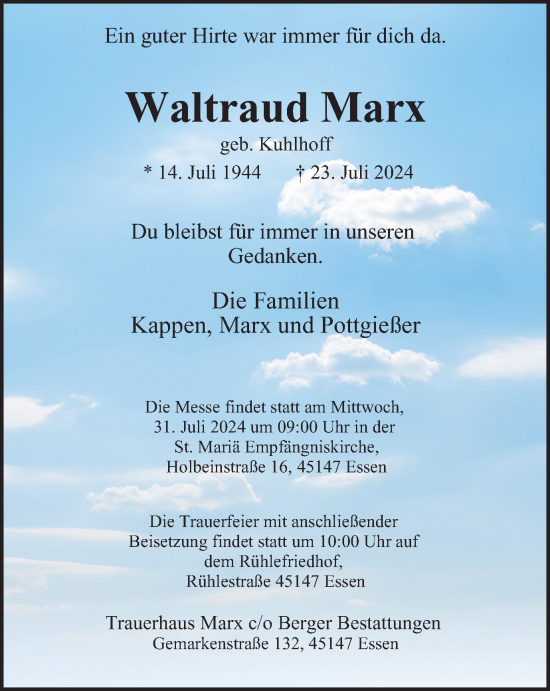 Traueranzeige von Waltraud Marx von Tageszeitung