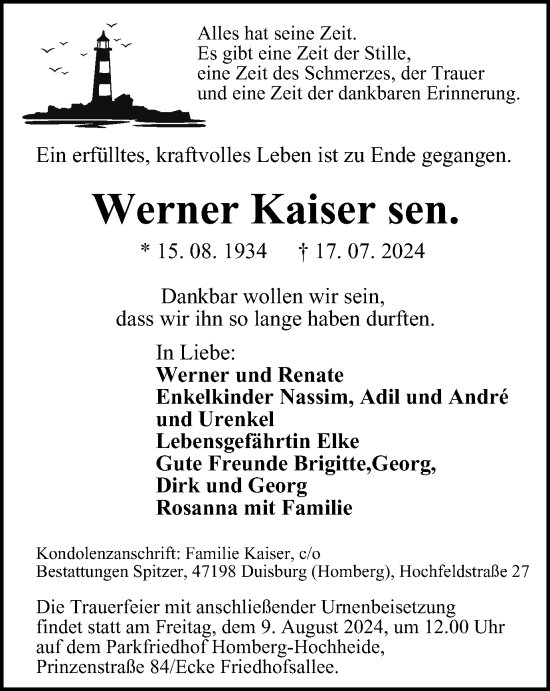 Traueranzeige von Werner Kaiser sen. von Tageszeitung
