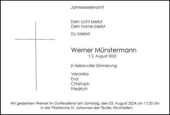 Traueranzeige von Werner Münstermann von Tageszeitung