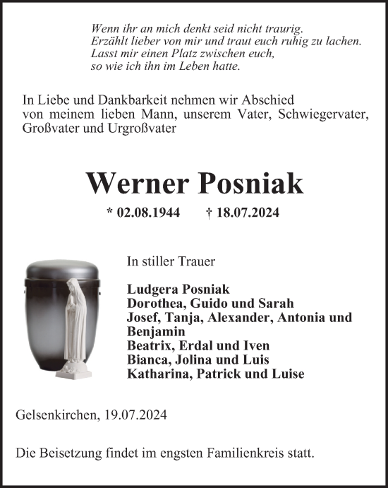Traueranzeige von Werner Posniak von Tageszeitung