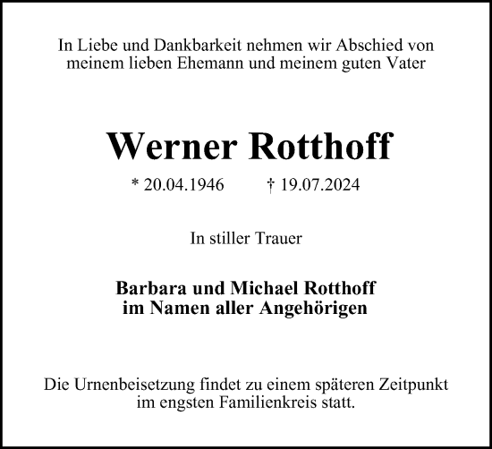 Traueranzeige von Werner Rotthoff von Tageszeitung