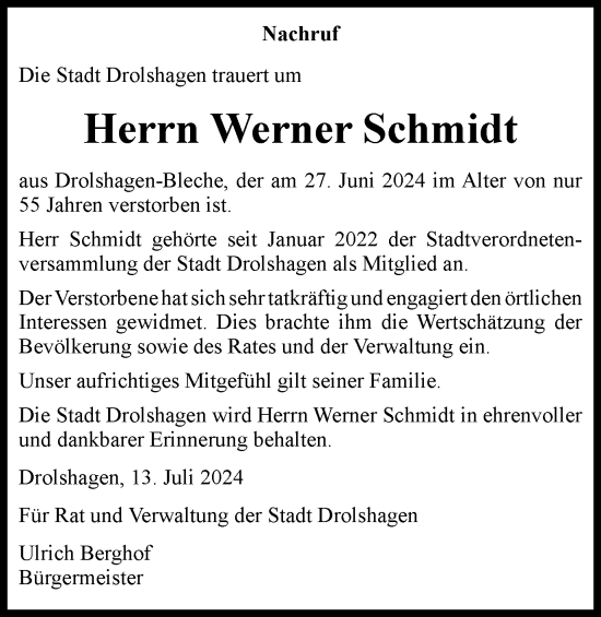 Traueranzeige von Werner Schmidt von Tageszeitung