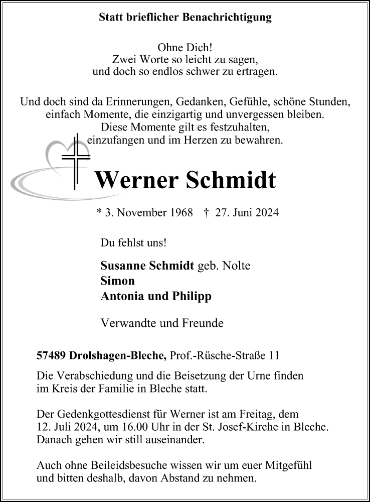  Traueranzeige für Werner Schmidt vom 04.07.2024 aus Tageszeitung
