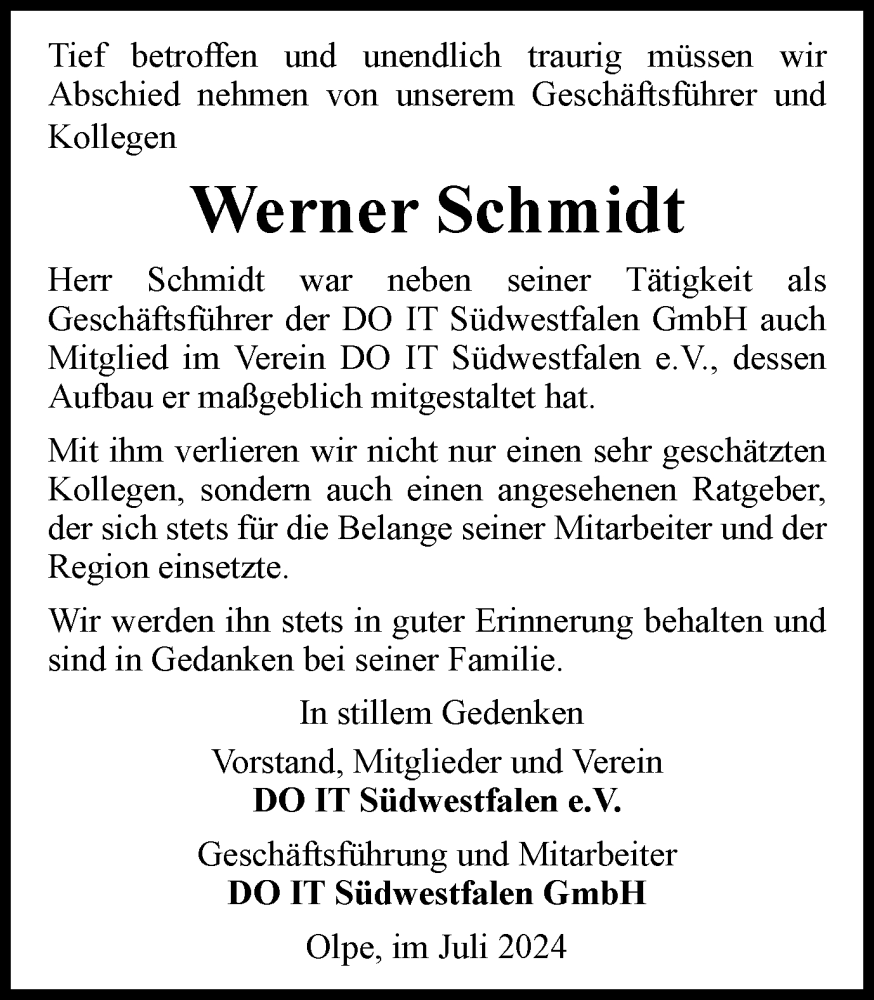  Traueranzeige für Werner Schmidt vom 06.07.2024 aus Tageszeitung