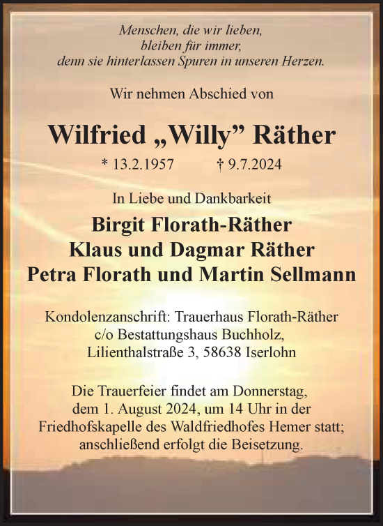 Traueranzeige von Wilfried Räther von Tageszeitung