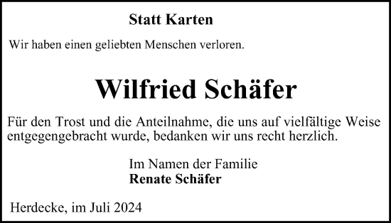 Traueranzeige von Wilfried Schäfer von Tageszeitung
