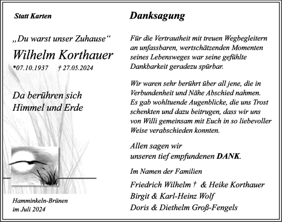 Traueranzeige von Wilhelm Korthauer von Tageszeitung