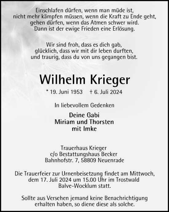 Traueranzeige von Wilhelm Krieger von Tageszeitung