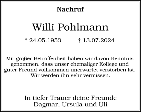 Traueranzeige von Willi Pohlmann von Tageszeitung