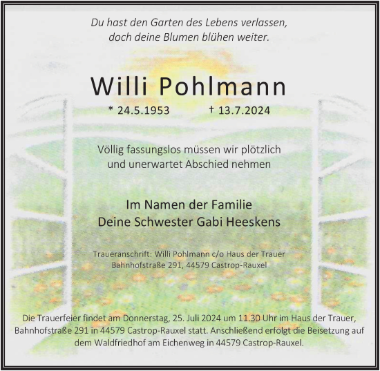 Traueranzeige von Willi Pohlmann von Tageszeitung