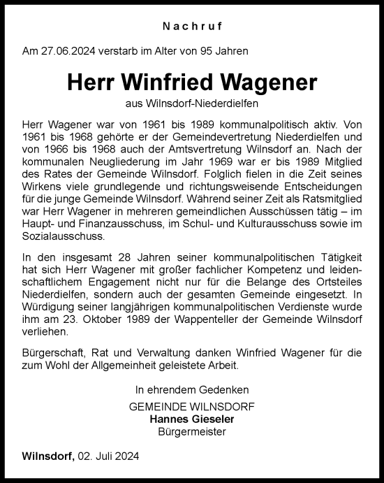 Traueranzeige von Winfried Wagener von Tageszeitung