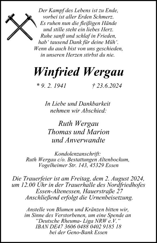 Traueranzeige von Winfried Wergau von Tageszeitung