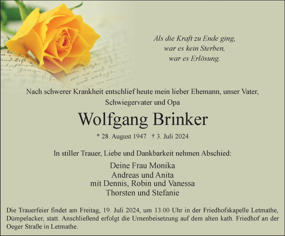  Traueranzeige für Wolfgang Brinker vom 13.07.2024 aus Tageszeitung