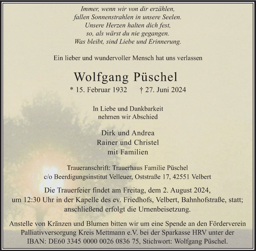  Traueranzeige für Wolfgang Püschel vom 06.07.2024 aus Tageszeitung