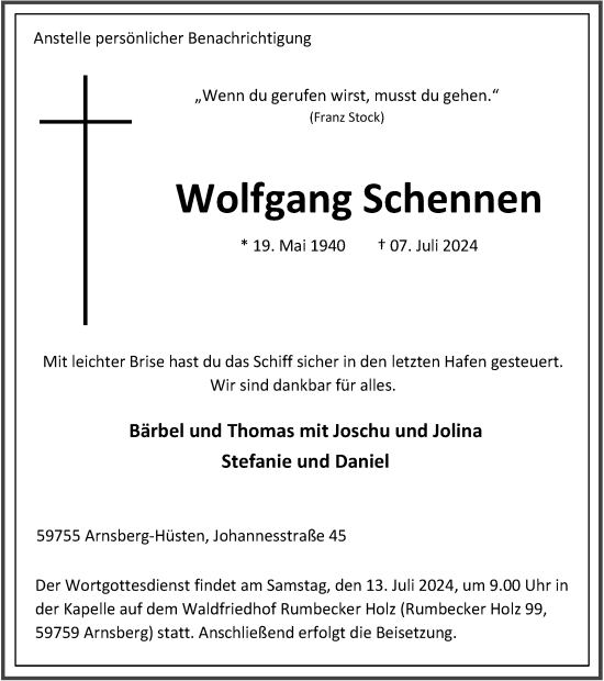 Traueranzeige von Wolfgang Schennen von Tageszeitung