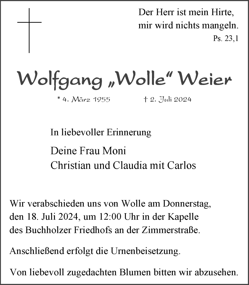  Traueranzeige für Wolfgang Weier vom 13.07.2024 aus Tageszeitung