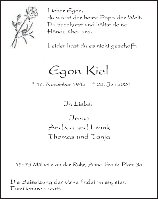 Traueranzeige von Egon Kiel von Tageszeitung
