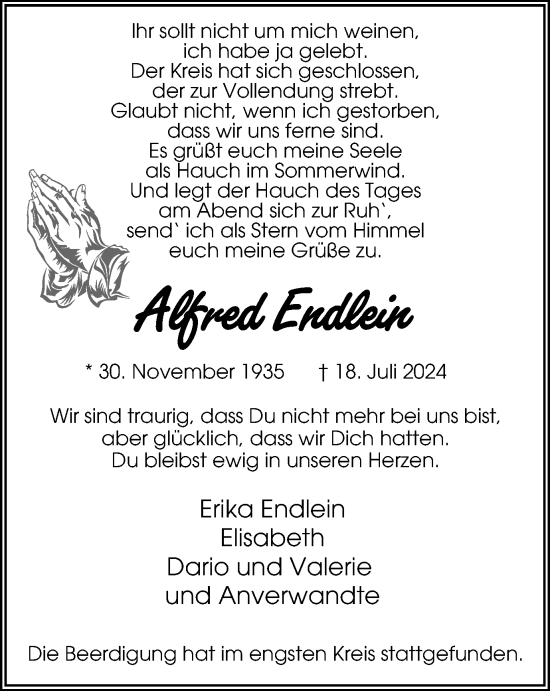 Traueranzeige von Alfred Endlein von Tageszeitung
