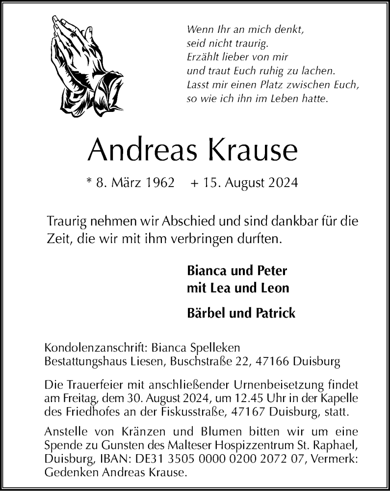 Traueranzeige für Andreas Krause vom 24.08.2024 aus Tageszeitung