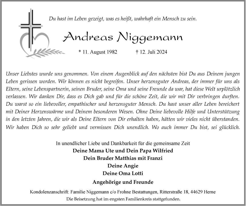  Traueranzeige für Andreas Niggemann vom 03.08.2024 aus Tageszeitung