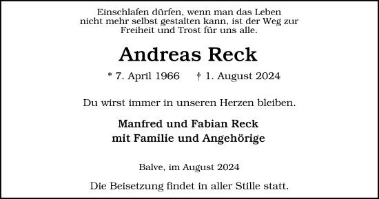Traueranzeige von Andreas Reck von Tageszeitung