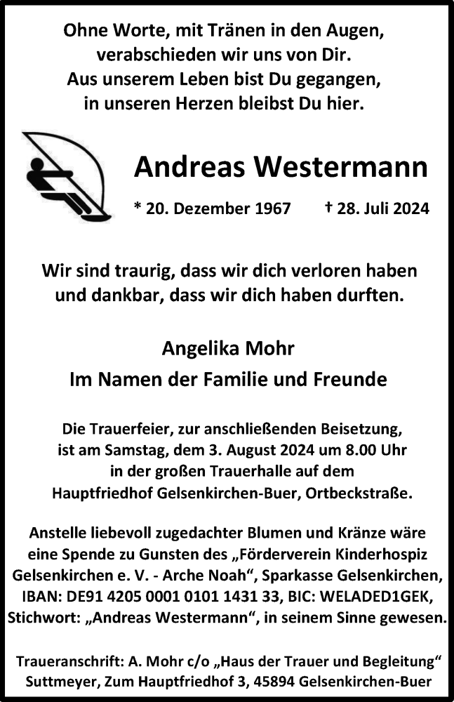  Traueranzeige für Andreas Westermann vom 01.08.2024 aus Tageszeitung