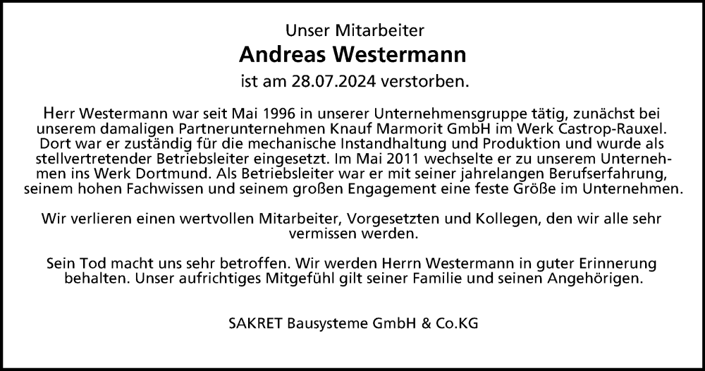  Traueranzeige für Andreas Westermann vom 03.08.2024 aus Tageszeitung