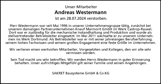 Traueranzeige von Andreas Westermann von Tageszeitung