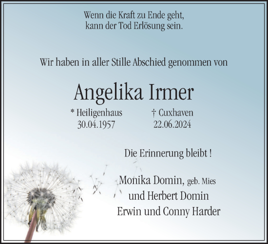 Traueranzeige von Angelika Irmer von Tageszeitung