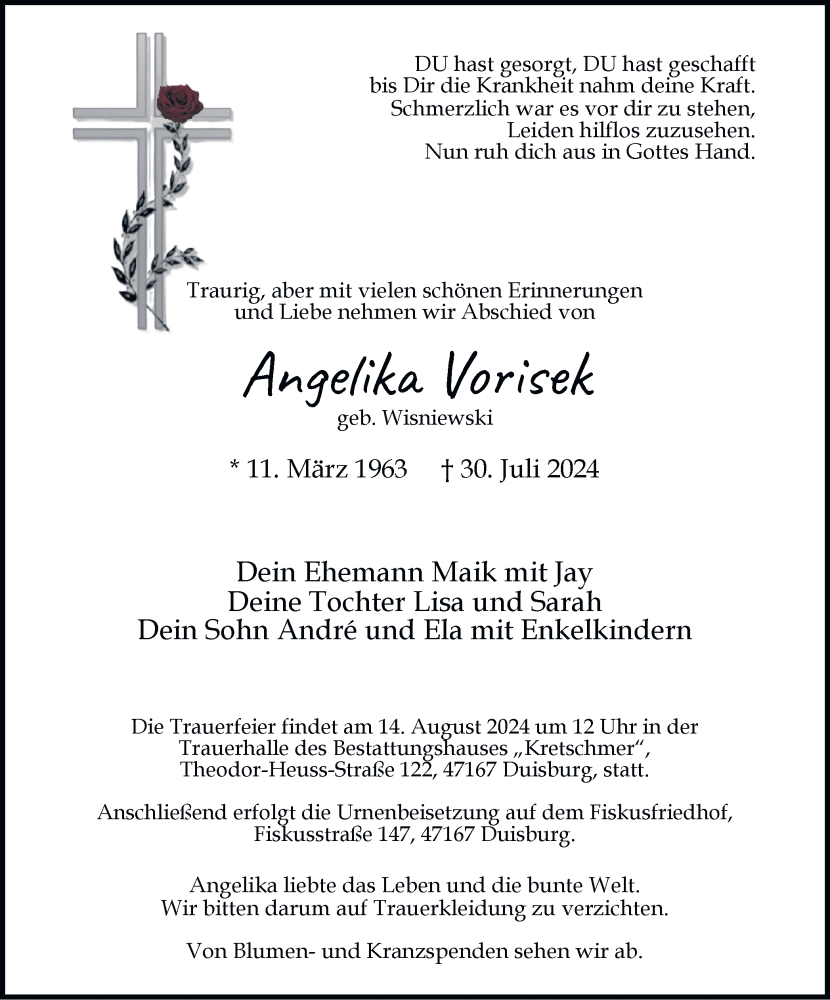  Traueranzeige für Angelika Vorisek vom 10.08.2024 aus Tageszeitung