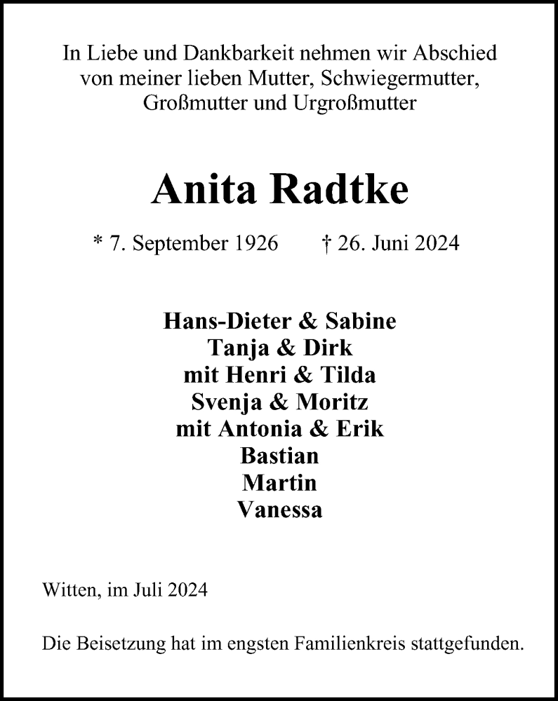  Traueranzeige für Anita Radtke vom 03.08.2024 aus Tageszeitung
