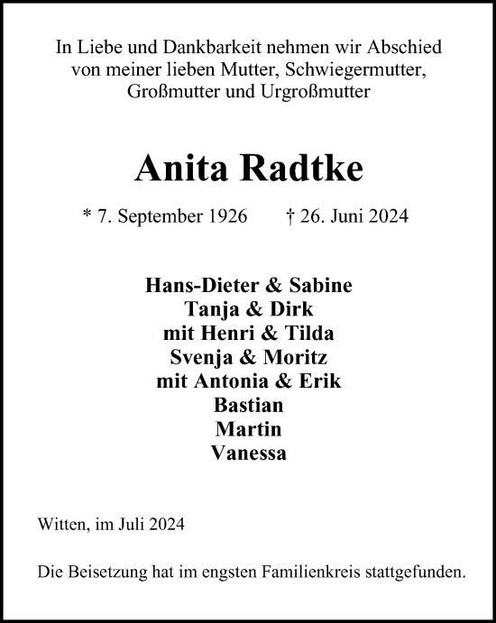Traueranzeige von Anita Radtke von Tageszeitung