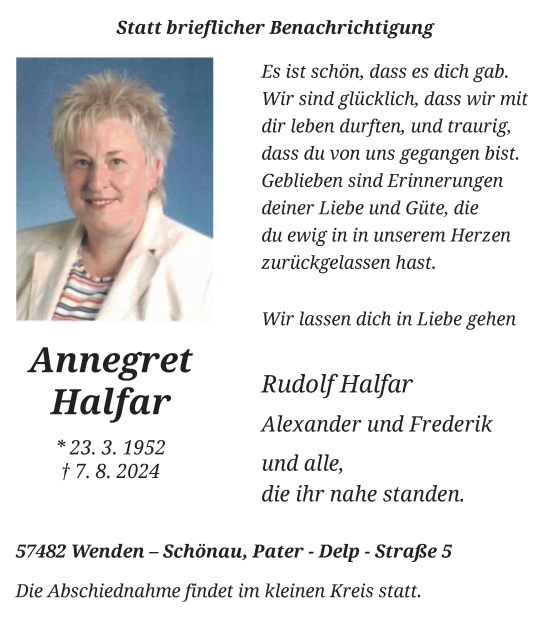 Traueranzeige von Annegret Halfar von Tageszeitung