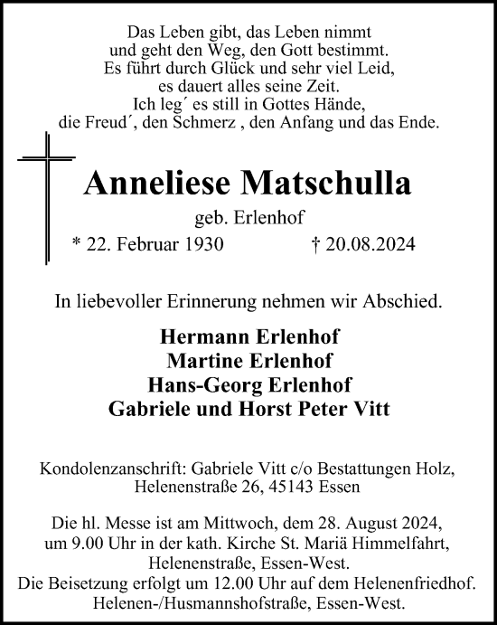 Traueranzeige von Anneliese Matschulla von Tageszeitung