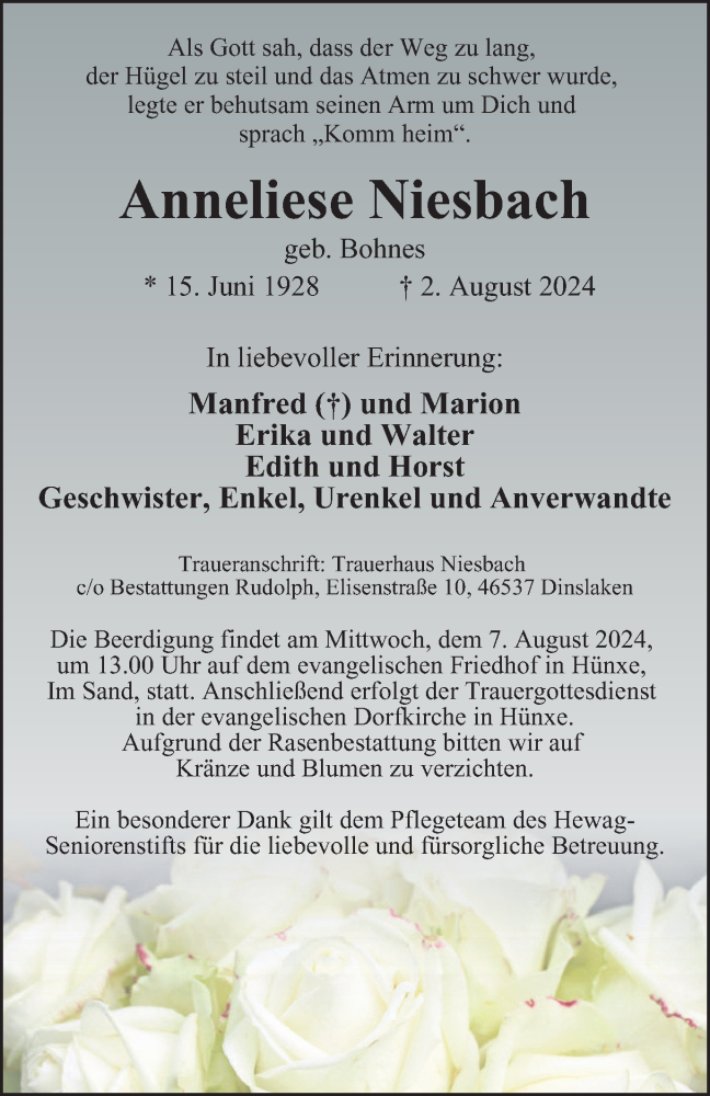  Traueranzeige für Anneliese Niesbach vom 06.08.2024 aus Tageszeitung
