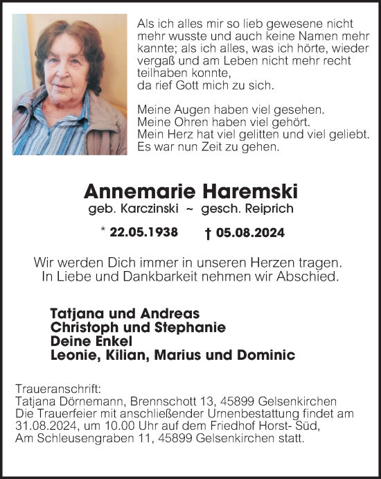 Traueranzeige von Annemarie Haremski von Tageszeitung