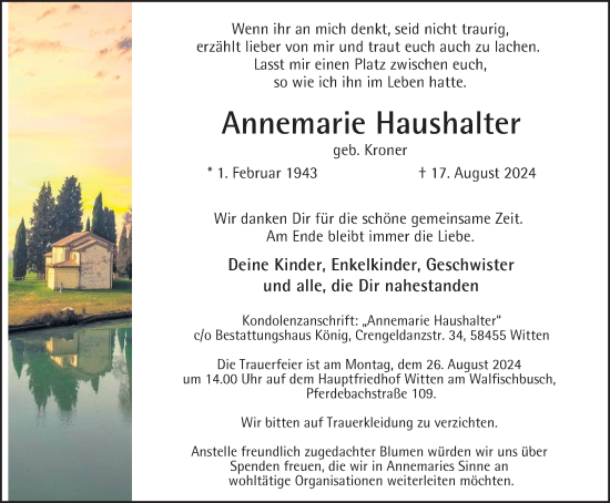 Traueranzeige von Annemarie Haushalter von Tageszeitung