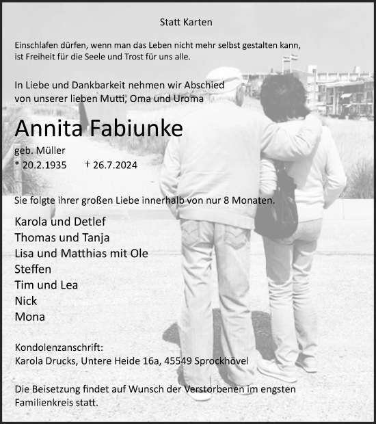 Traueranzeige von Annita Fabiunke von Tageszeitung