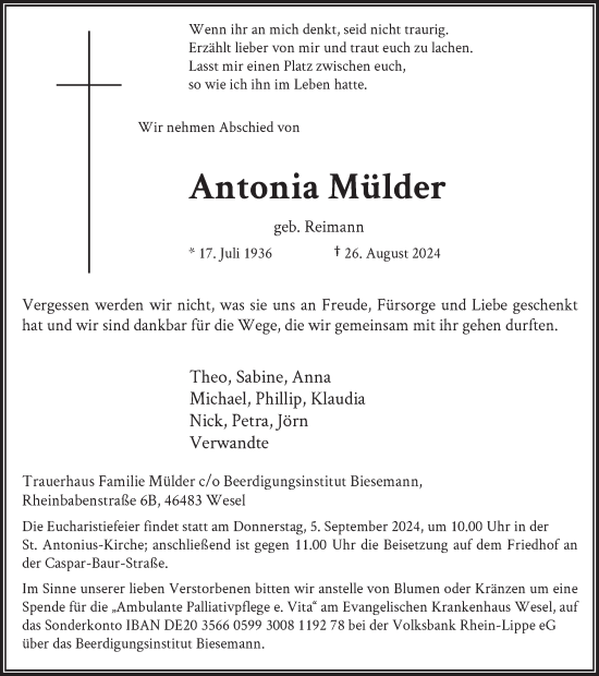 Traueranzeige von Antonia Mülder von Tageszeitung