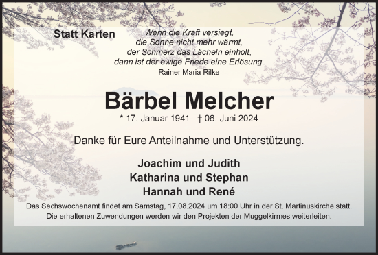 Traueranzeige von Bärbel Melcher von Tageszeitung