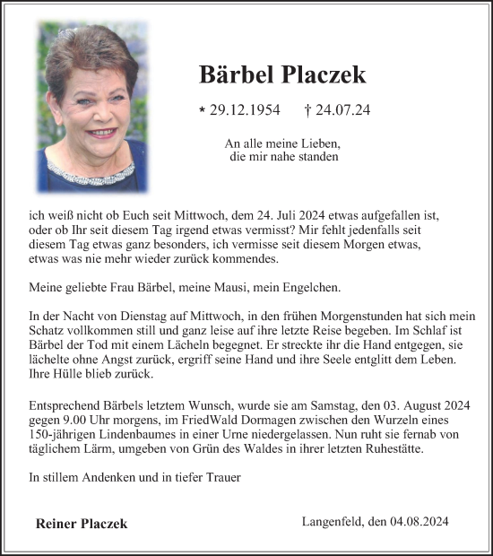 Traueranzeige von Bärbel Placzek von Tageszeitung