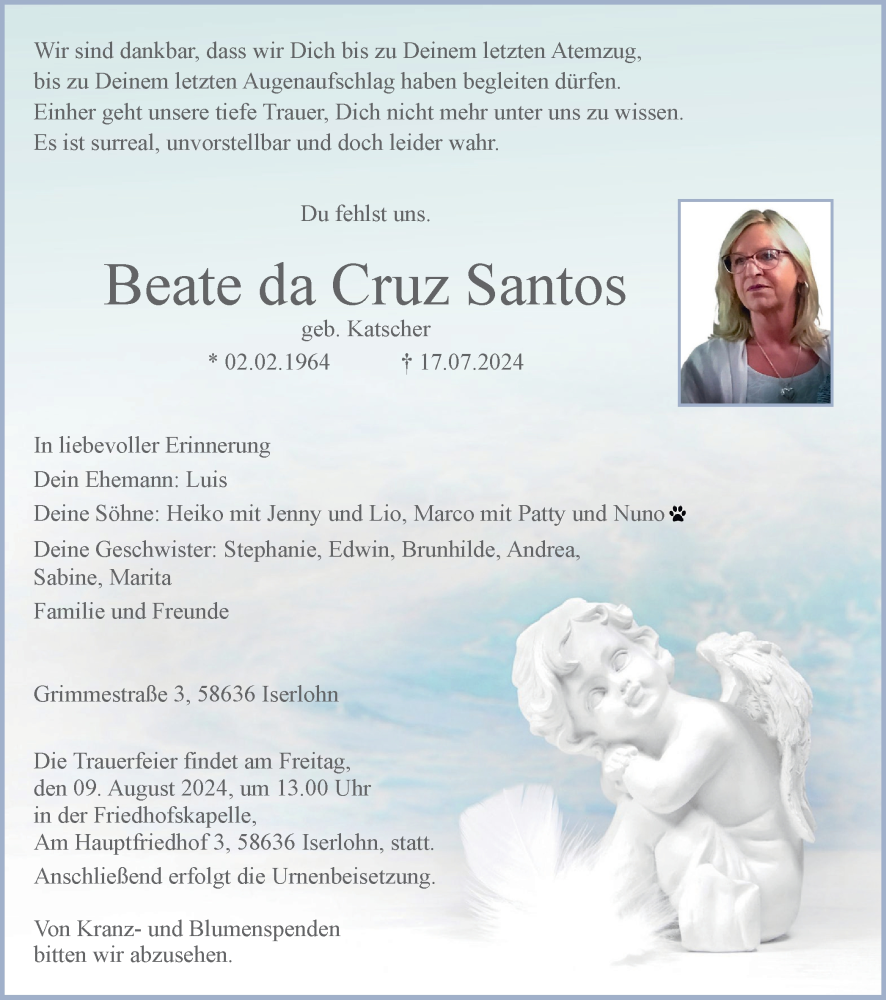  Traueranzeige für Beate da Cruz Santos vom 03.08.2024 aus Tageszeitung