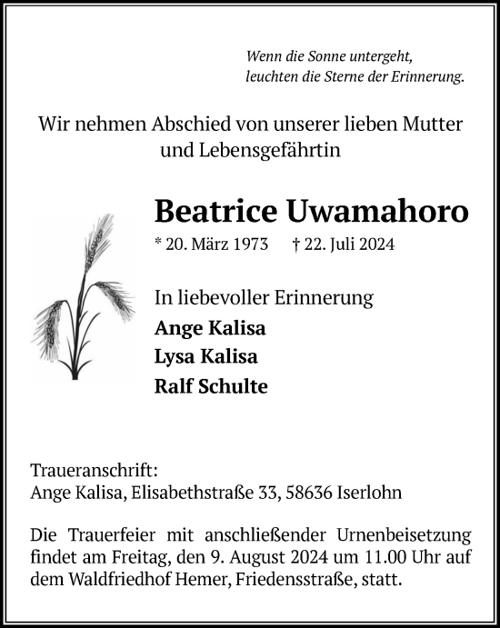 Traueranzeige von Beatrice Uwamahoro von Tageszeitung