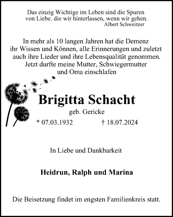 Traueranzeige von Brigitta Schacht von Tageszeitung