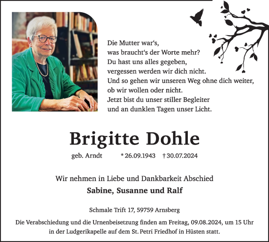 Traueranzeige von Brigitte Dohle von Tageszeitung