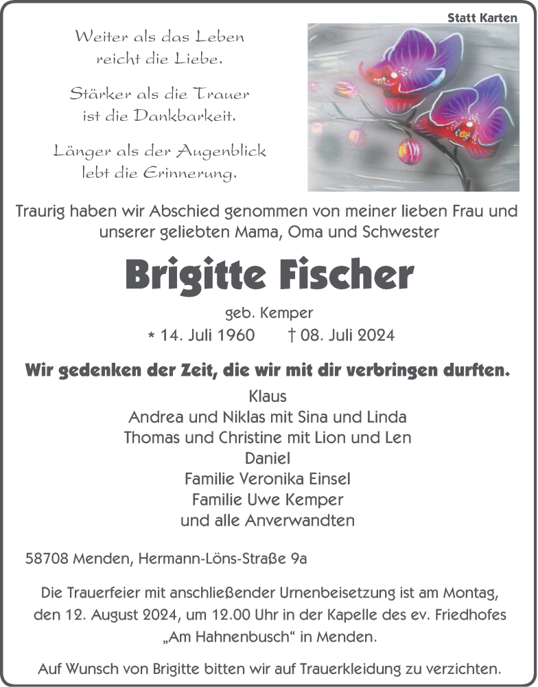  Traueranzeige für Brigitte Fischer vom 03.08.2024 aus Tageszeitung