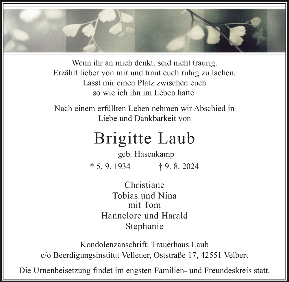  Traueranzeige für Brigitte Laub vom 24.08.2024 aus Tageszeitung