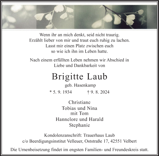 Traueranzeige von Brigitte Laub von Tageszeitung