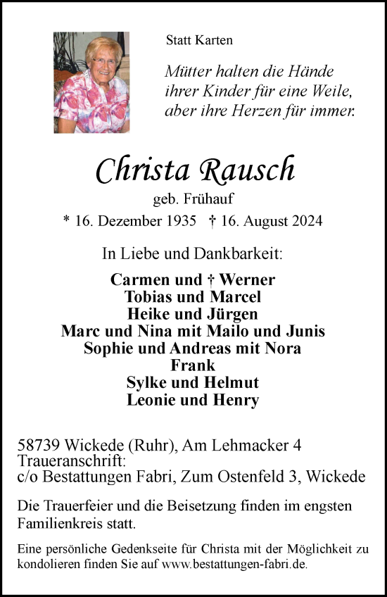 Traueranzeige von Christa Rausch von Tageszeitung